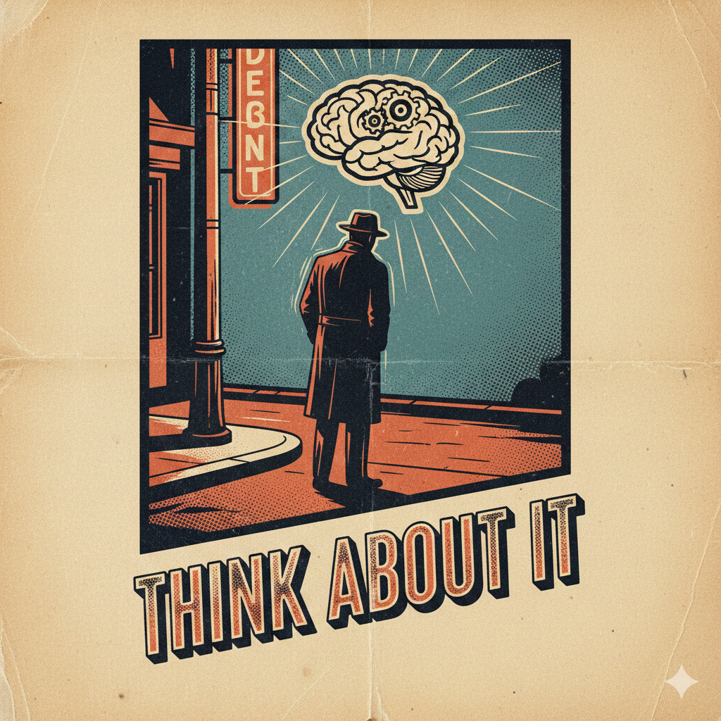 A detective telling the reader to "think about it"